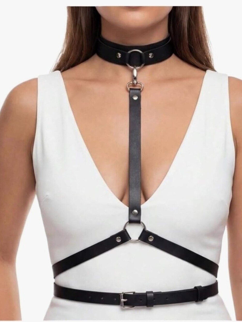 Trendy-Women's Gothic PU Leather Adjistable Waist Belt With Choker Harness